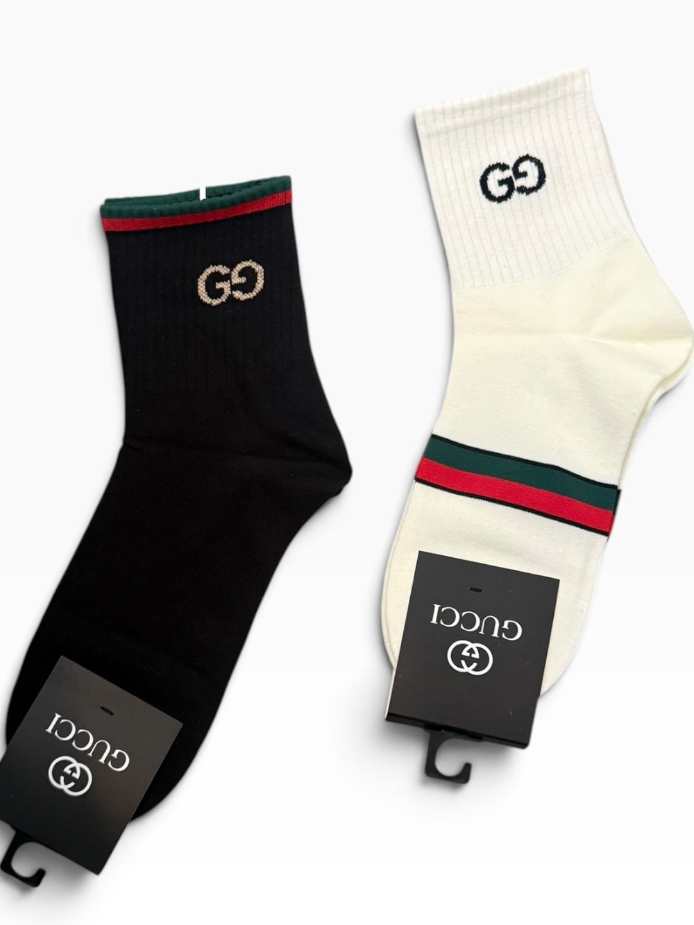 2 Pair Gucci Outlet Men's Logo Crew Socks in Brown and Tan with Web Stripe
